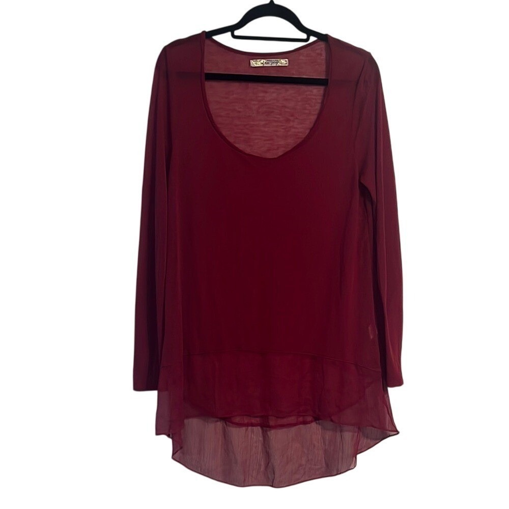 Free People Tunic Top Burgundy High Low Sheer Boho Scoop Neck Women's Medium‎